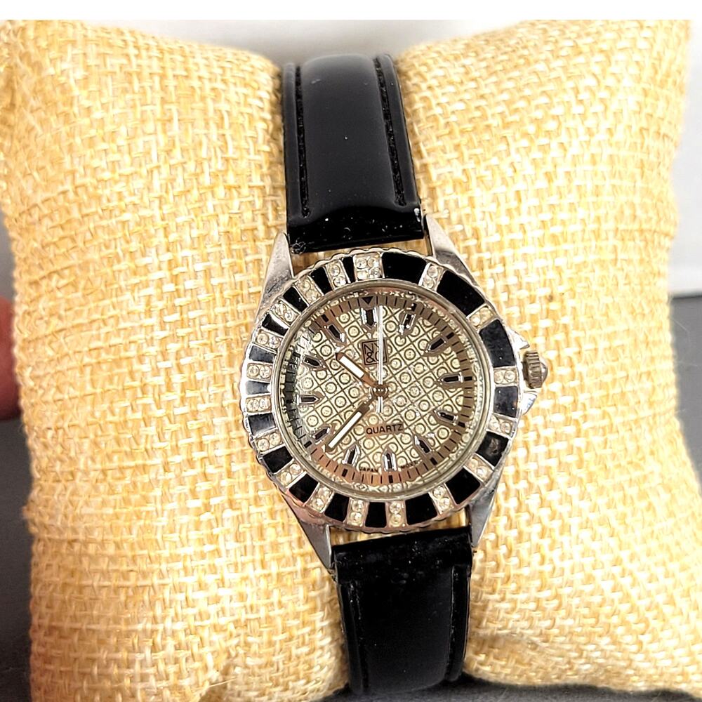 NY & Co Women’s Quartz Watch Stainless Steel Bezel Black Rhinestones Silver